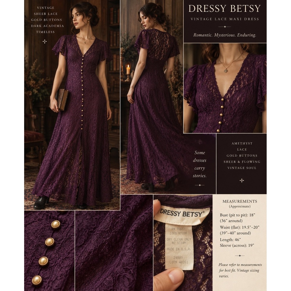 Vintage Dressy Betsy Purple Lace Maxi Dress Gold Buttons Dark Academia S M